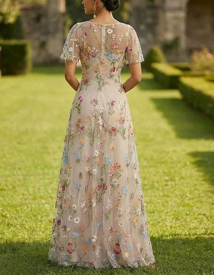Solid Color Floral Embroidered Tulle V-Neck Short Style Maxi Dress