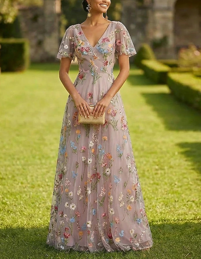 Solid Color Floral Embroidered Tulle V-Neck Short Style Maxi Dress