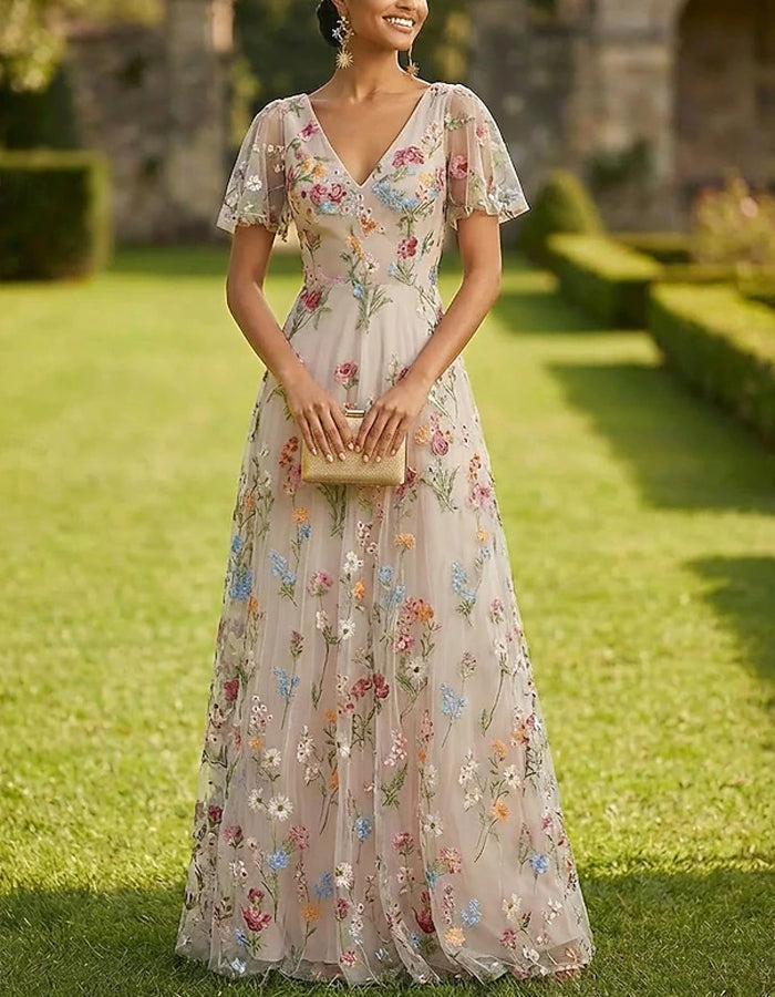 Solid Color Floral Embroidered Tulle V-Neck Short Style Maxi Dress