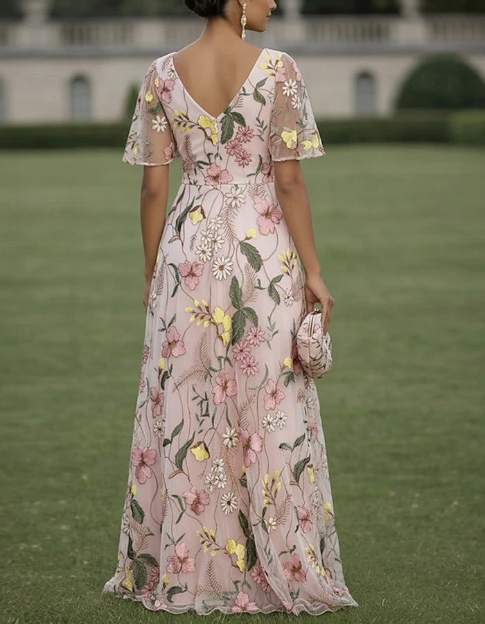 Solid Color Floral Embroidered Tulle V-Neck Ruffle Short Sleeve Maxi Dress