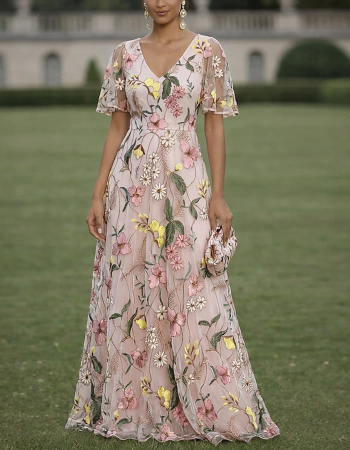 Solid Color Floral Embroidered Tulle V-Neck Ruffle Short Sleeve Maxi Dress