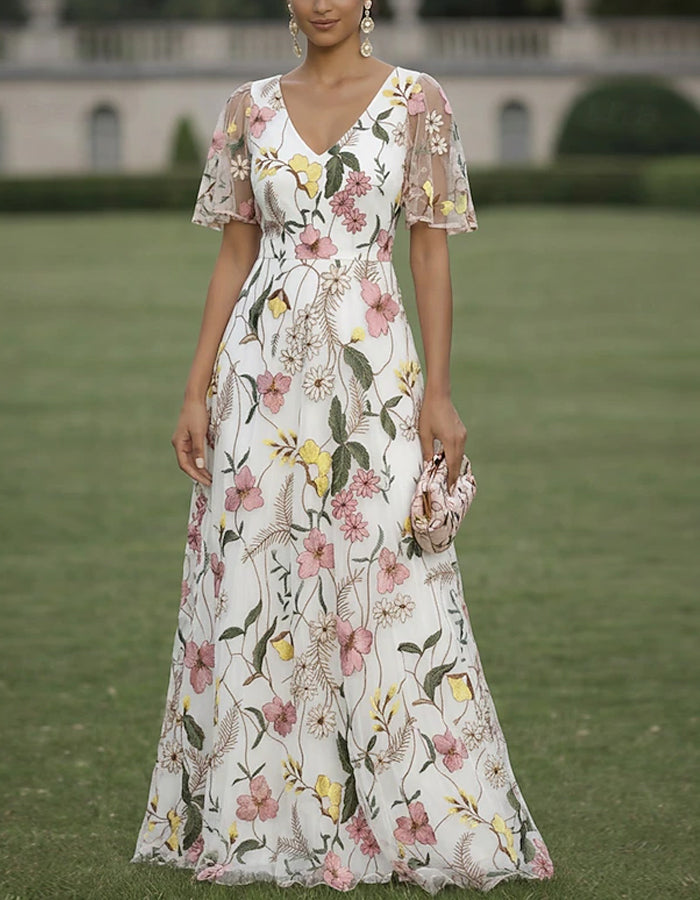 Solid Color Floral Embroidered Tulle V-Neck Ruffle Short Sleeve Maxi Dress