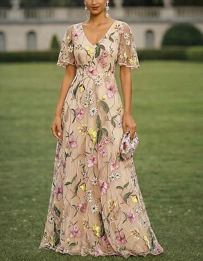 Solid Color Floral Embroidered Tulle V-Neck Ruffle Short Sleeve Maxi Dress