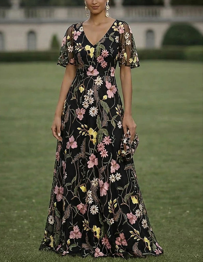 Solid Color Floral Embroidered Tulle V-Neck Ruffle Short Sleeve Maxi Dress