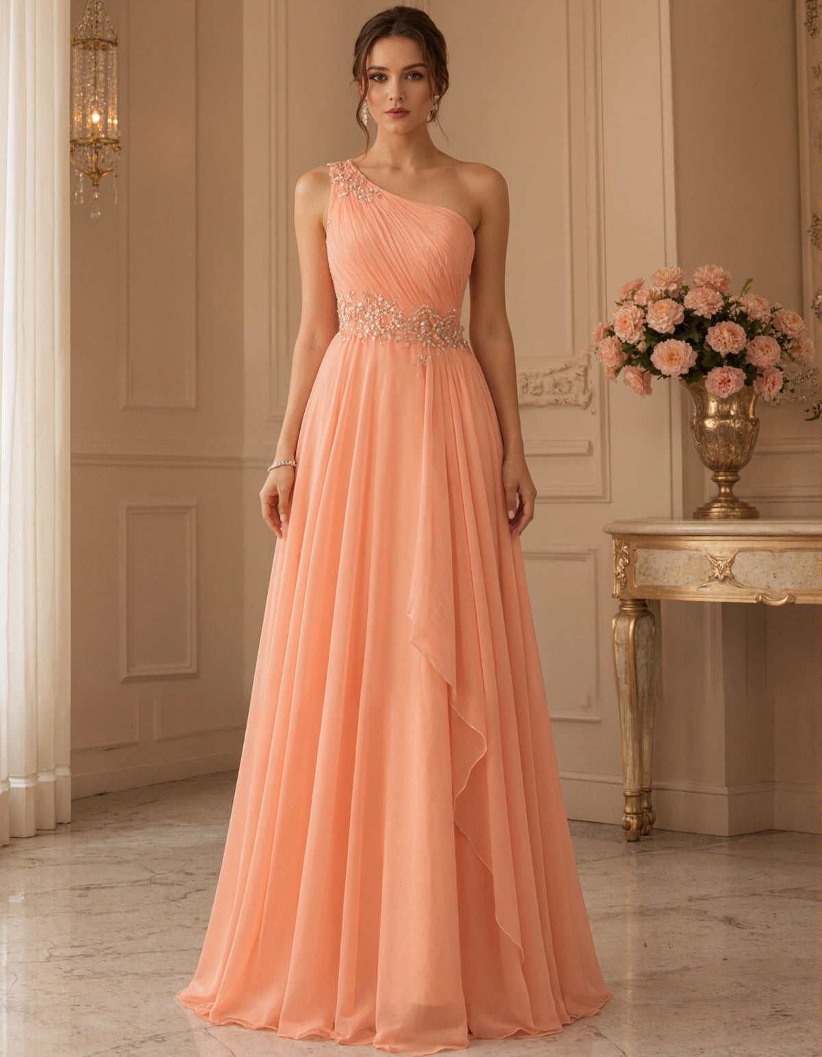 Light Orange Chiffon One Shoulder Floral Lace Maxi Dress