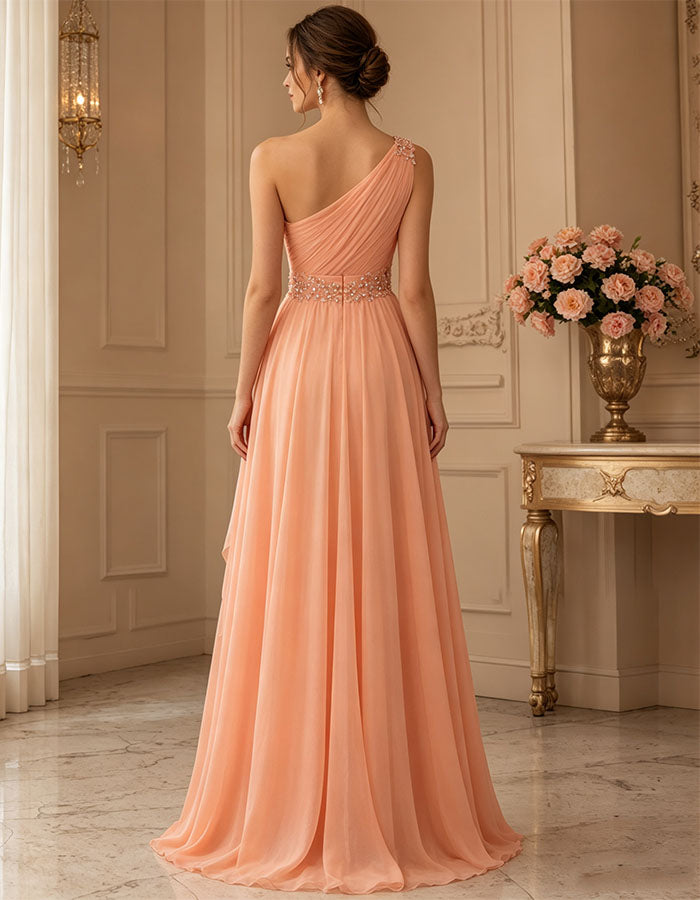 Light Orange Chiffon One Shoulder Floral Lace Maxi Dress