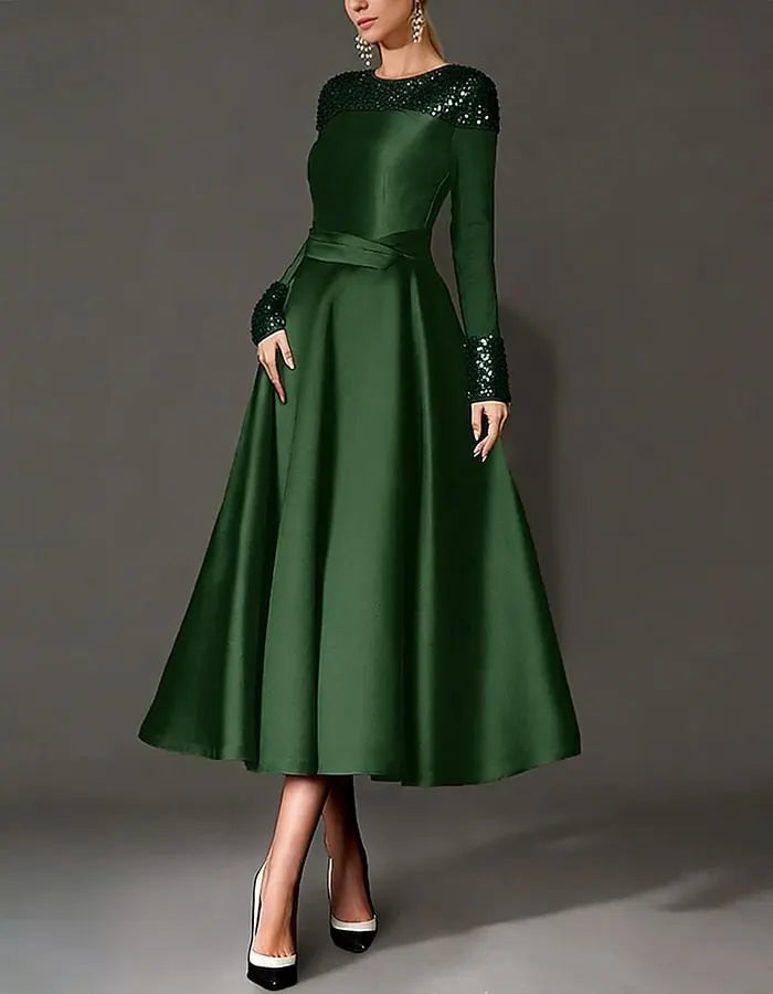 Round Neck Satin Pearl Midi Dress