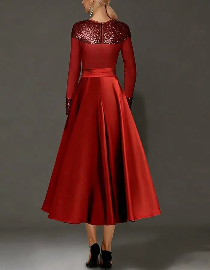 Round Neck Satin Pearl Midi Dress