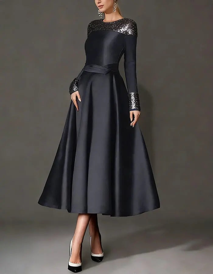Round Neck Satin Pearl Midi Dress