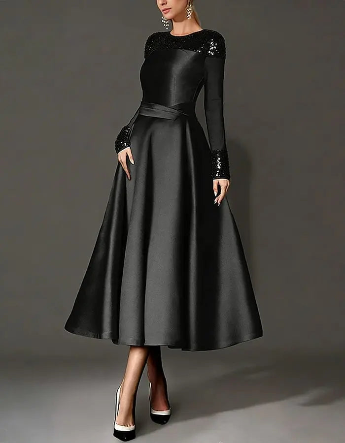 Round Neck Satin Pearl Midi Dress