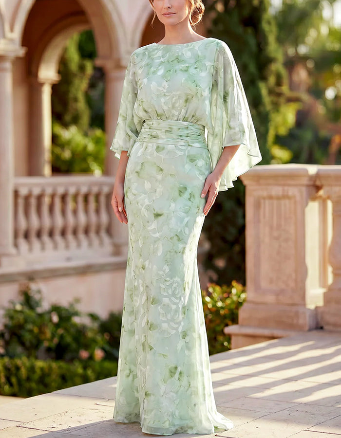 Sage Green Boat Neck Cape Flare Sleeve Ruched Waist Chiffon Maxi Dress