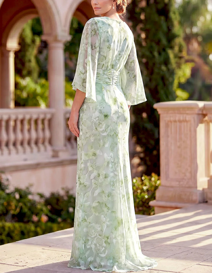 Sage Green Boat Neck Cape Flare Sleeve Ruched Waist Chiffon Maxi Dress