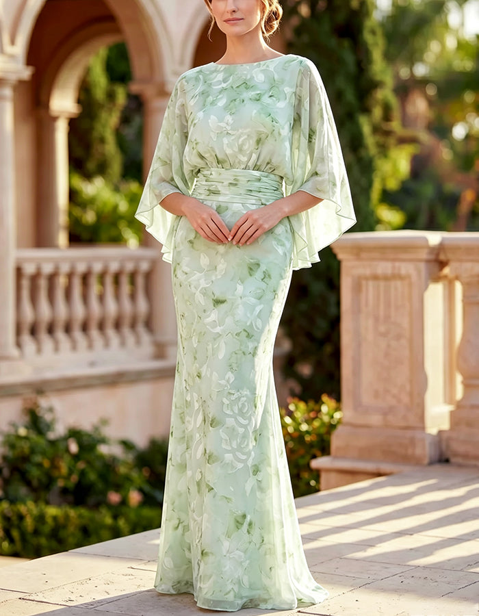 Sage Green Boat Neck Cape Flare Sleeve Ruched Waist Chiffon Maxi Dress