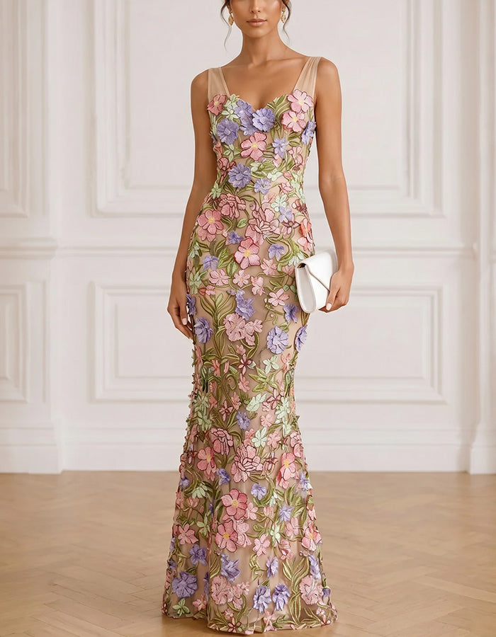 Nude Sweetheart Spaghetti Strap Multicolor 3D Floral Embroidery Mesh Maxi Dress