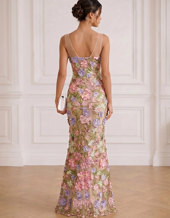 Nude Sweetheart Spaghetti Strap Multicolor 3D Floral Embroidery Mesh Maxi Dress