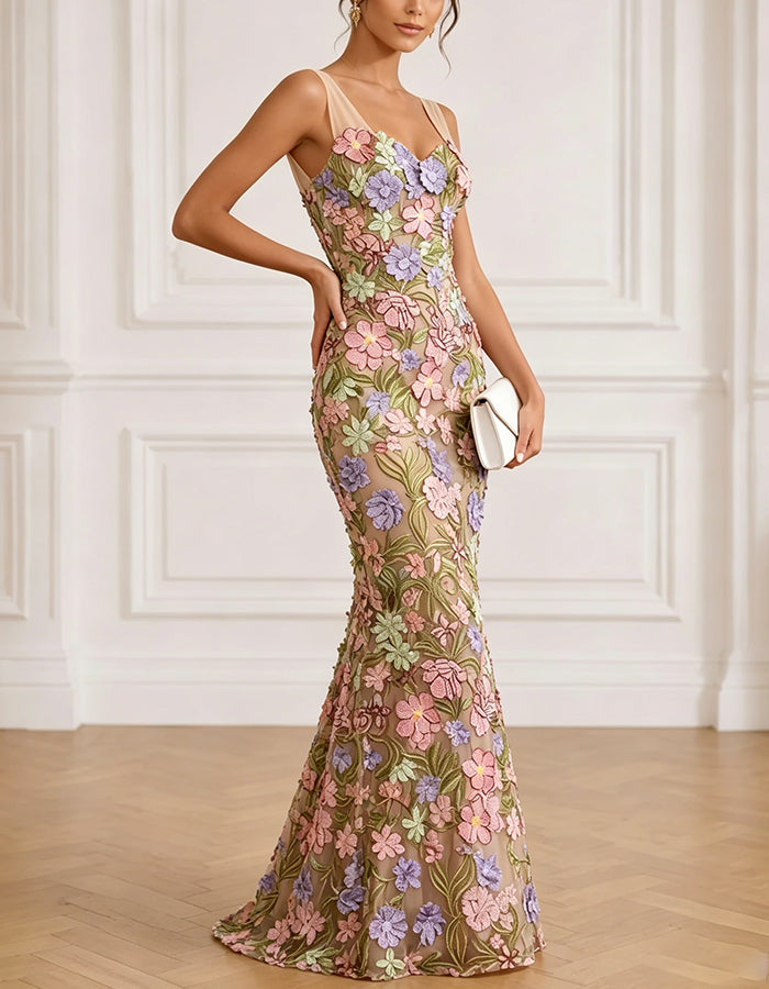 Nude Sweetheart Spaghetti Strap Multicolor 3D Floral Embroidery Mesh Maxi Dress