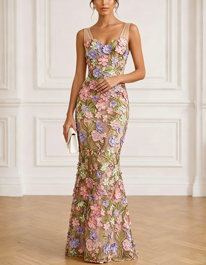 Nude Sweetheart Spaghetti Strap Multicolor 3D Floral Embroidery Mesh Maxi Dress
