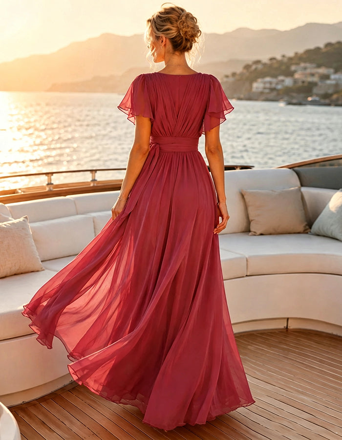 Maroon Chiffon V-Neck Maxi Dress