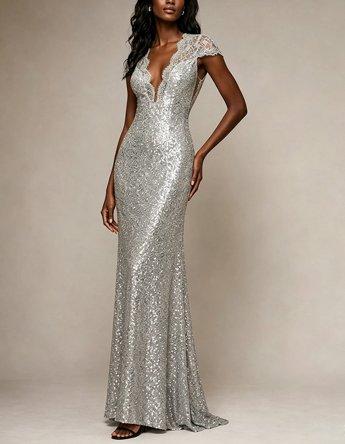 Solid Color Sequined Floral Lace Short Sleeved Maxi Dress
