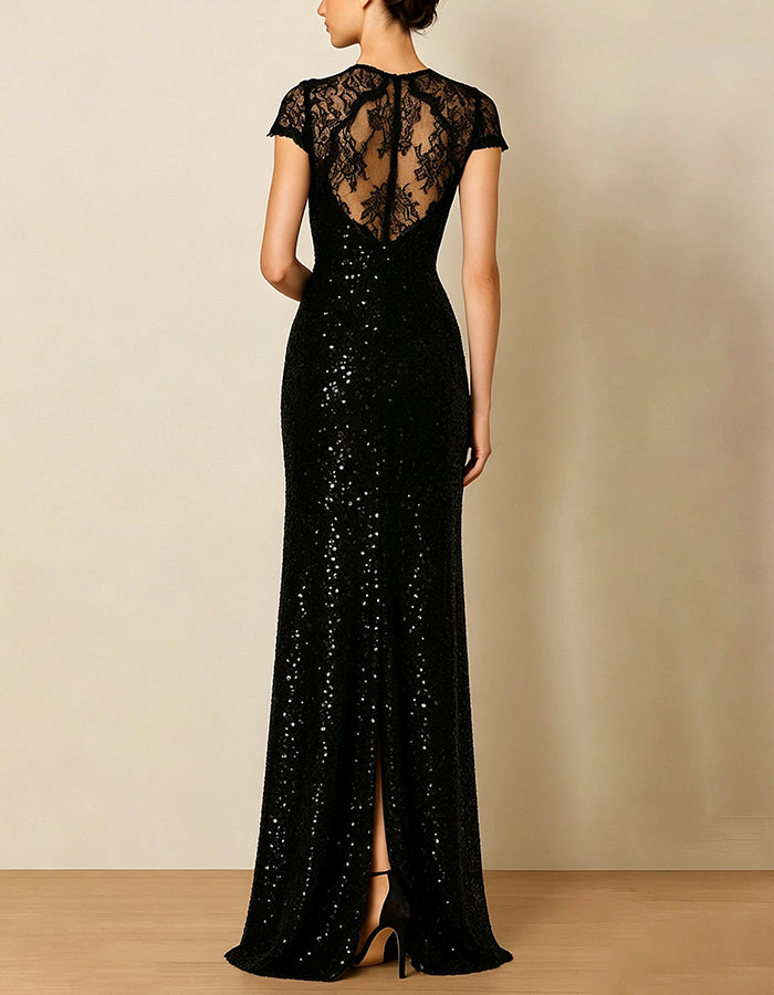 Solid Color Sequined Floral Lace Short Sleeved Maxi Dress