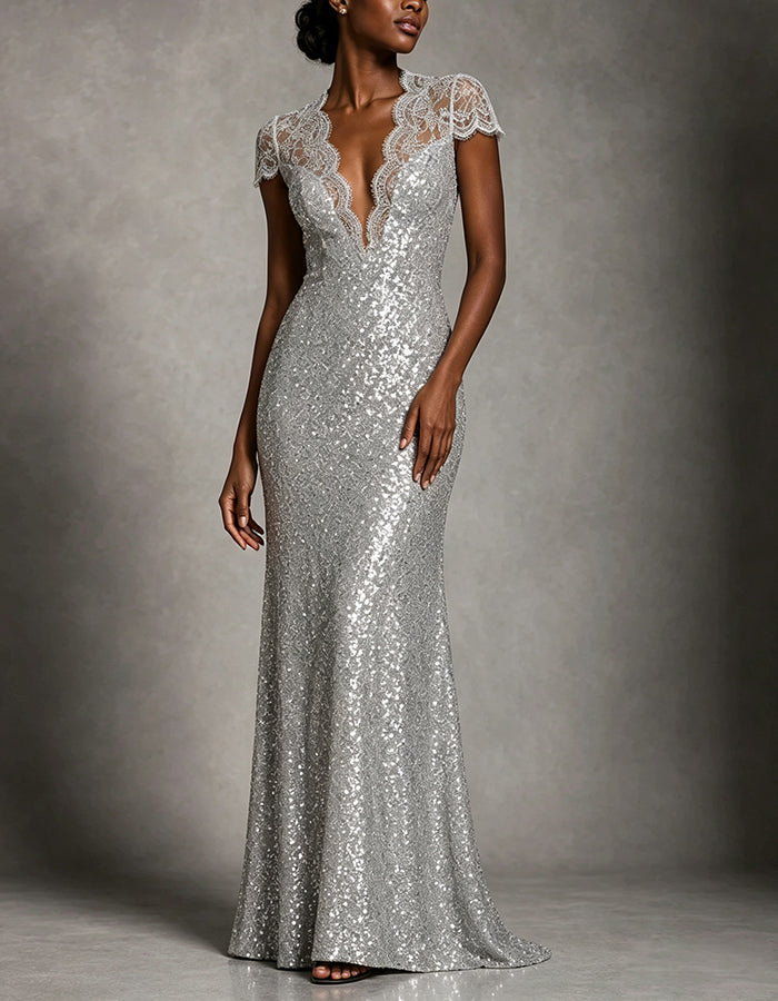 Solid Color Sequined Floral Lace Short Sleeved Maxi Dress