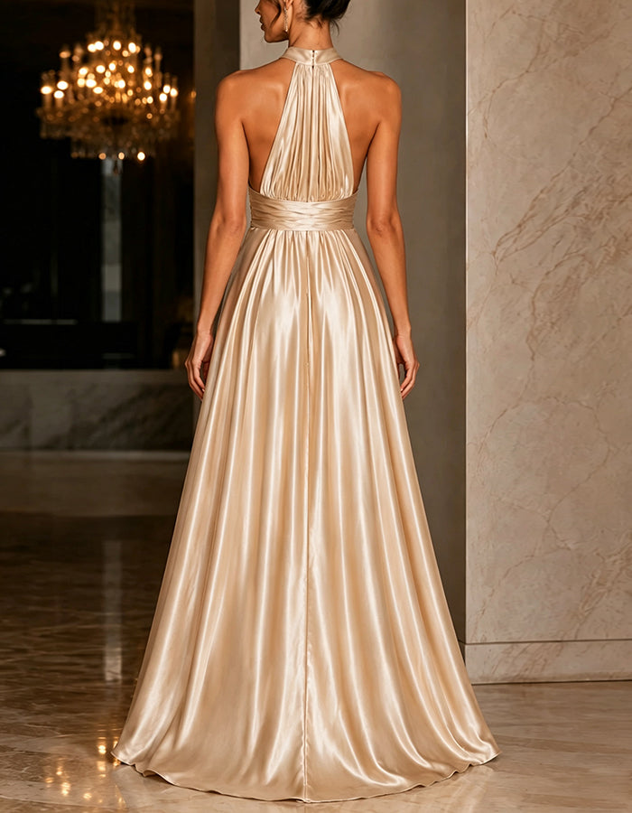 Champagne Satin Halter Neck Maxi Dress