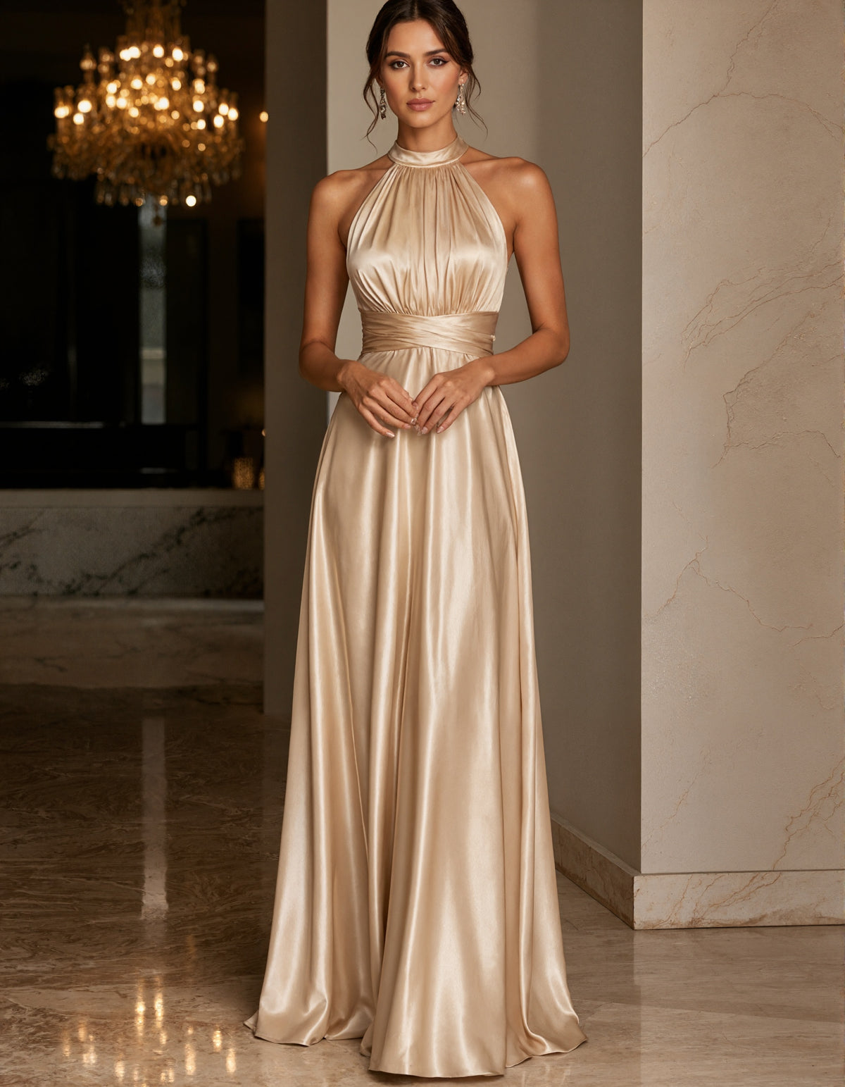 Champagne Satin Halter Neck Maxi Dress