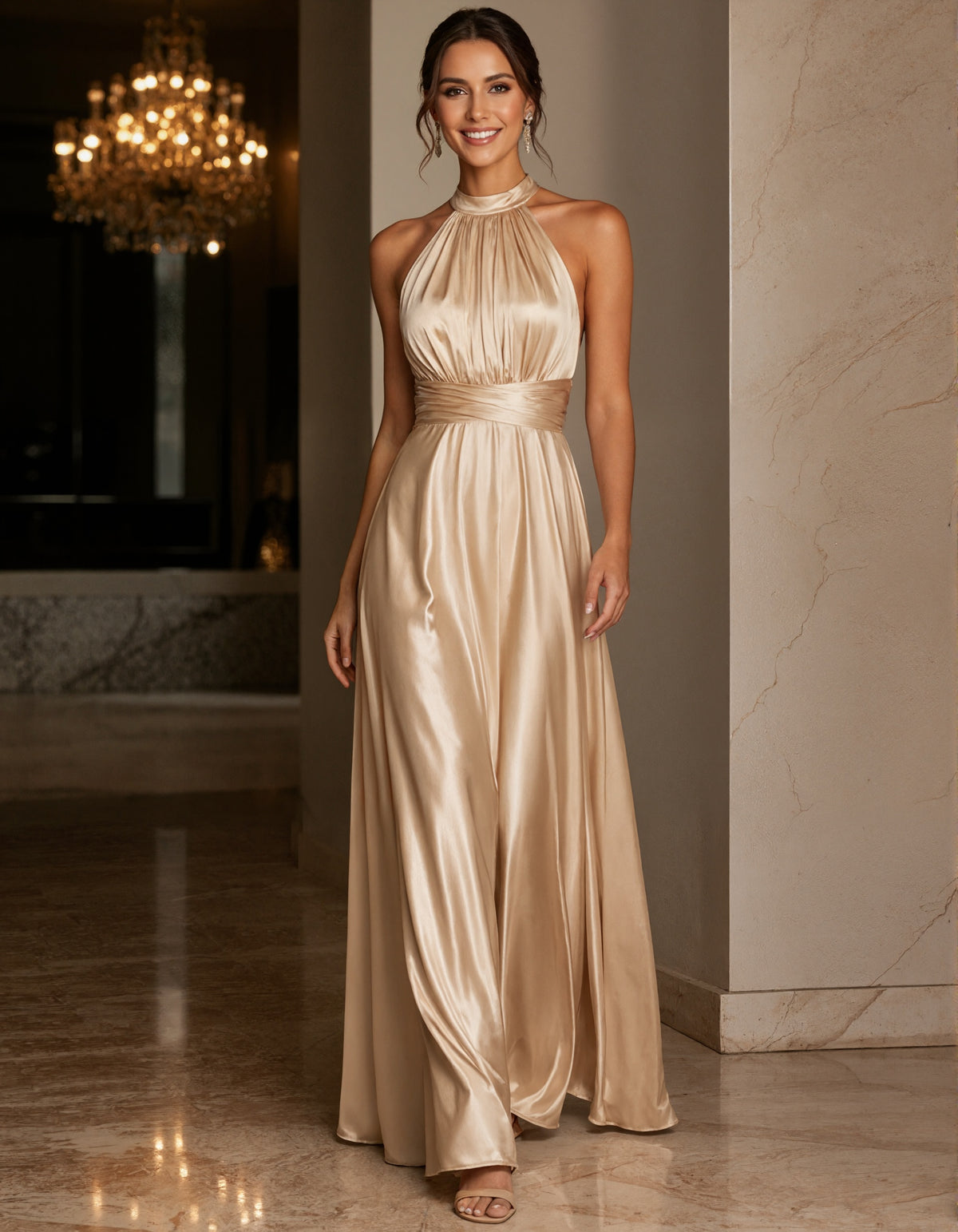 Champagne Satin Halter Neck Maxi Dress