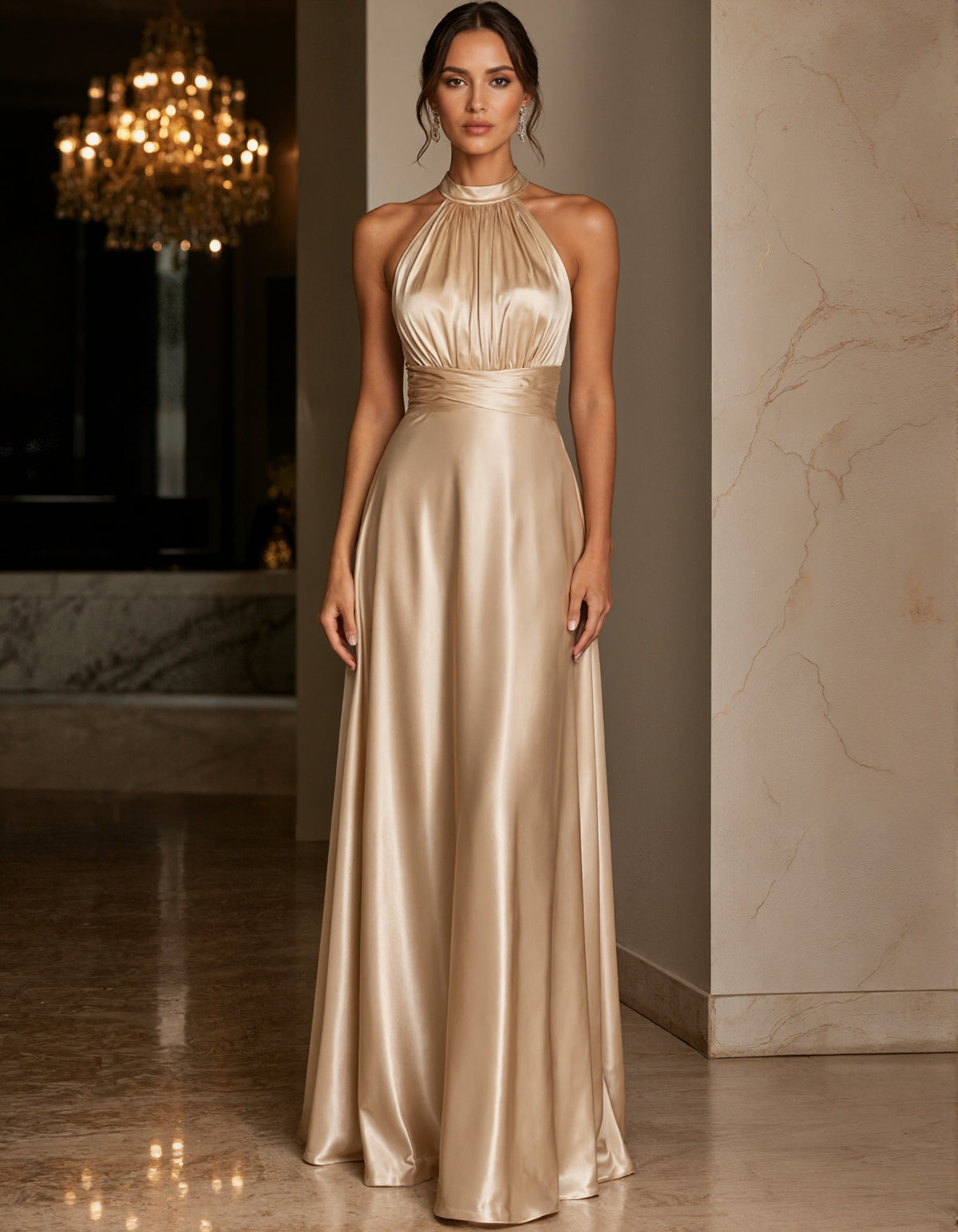 Champagne Satin Halter Neck Maxi Dress
