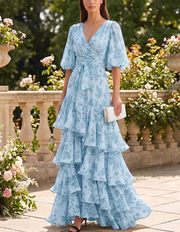 Light Blue V Puff Sleeve Wrap Tie Waist Tiered Ruffle Chiffon Maxi Dress