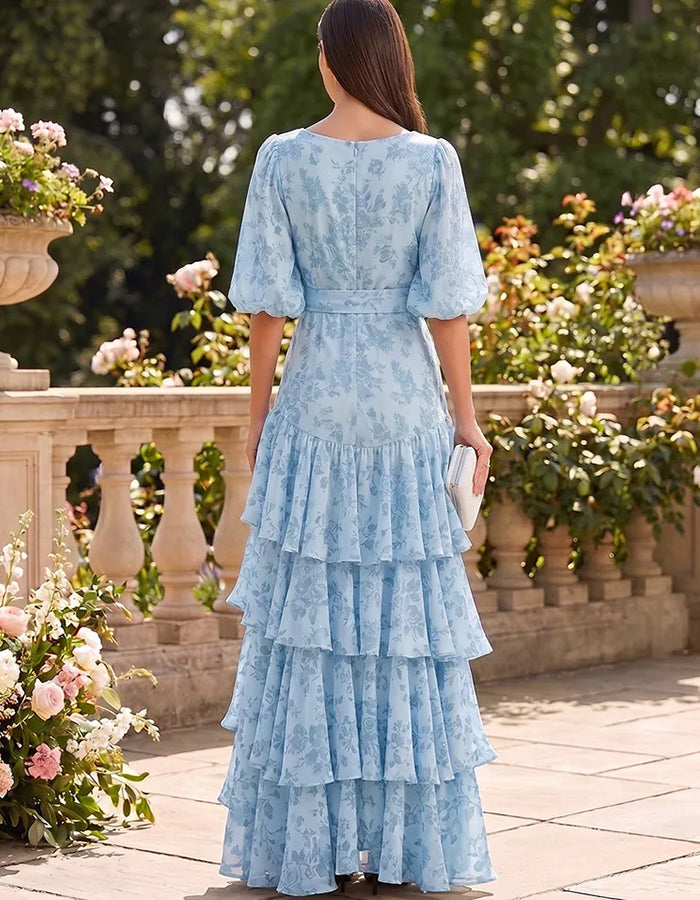 Light Blue V Puff Sleeve Wrap Tie Waist Tiered Ruffle Chiffon Maxi Dress