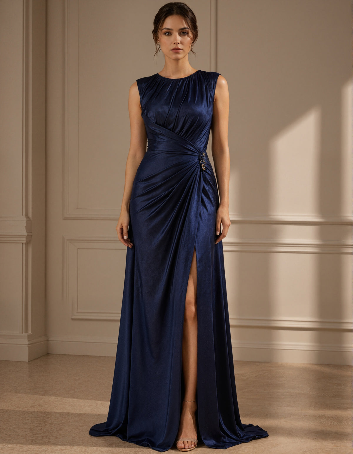 Dark Blue Satin Round Neck Maxi Dress