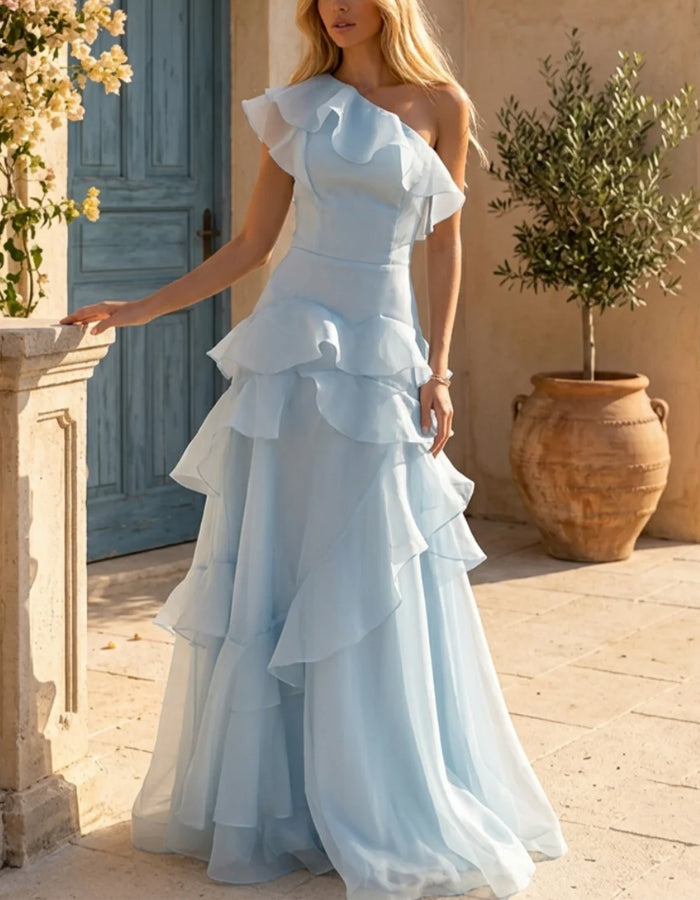 Solid Color Organza One Shoulder Ruffle Maxi Dress