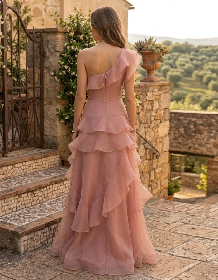 Solid Color Organza One Shoulder Ruffle Maxi Dress