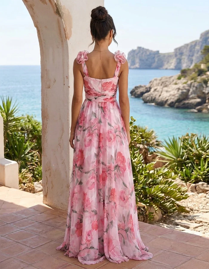 Pink Watercolor Floral Print Chiffon Maxi Dress