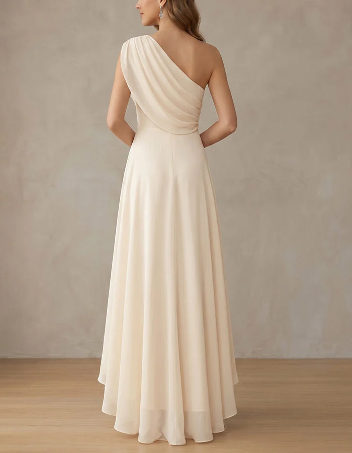 Cream Colored Chiffon Asymmetrical One Shoulder Maxi Dress