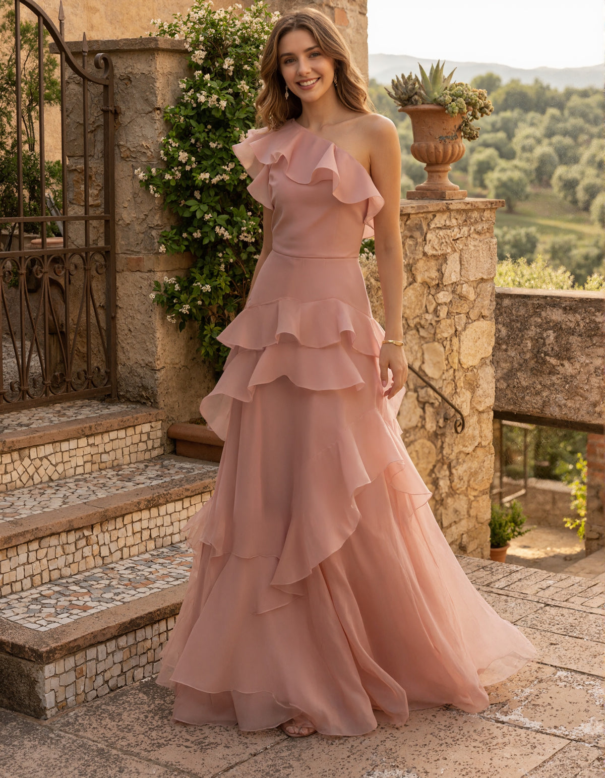 Solid Color Organza One Shoulder Ruffle Maxi Dress