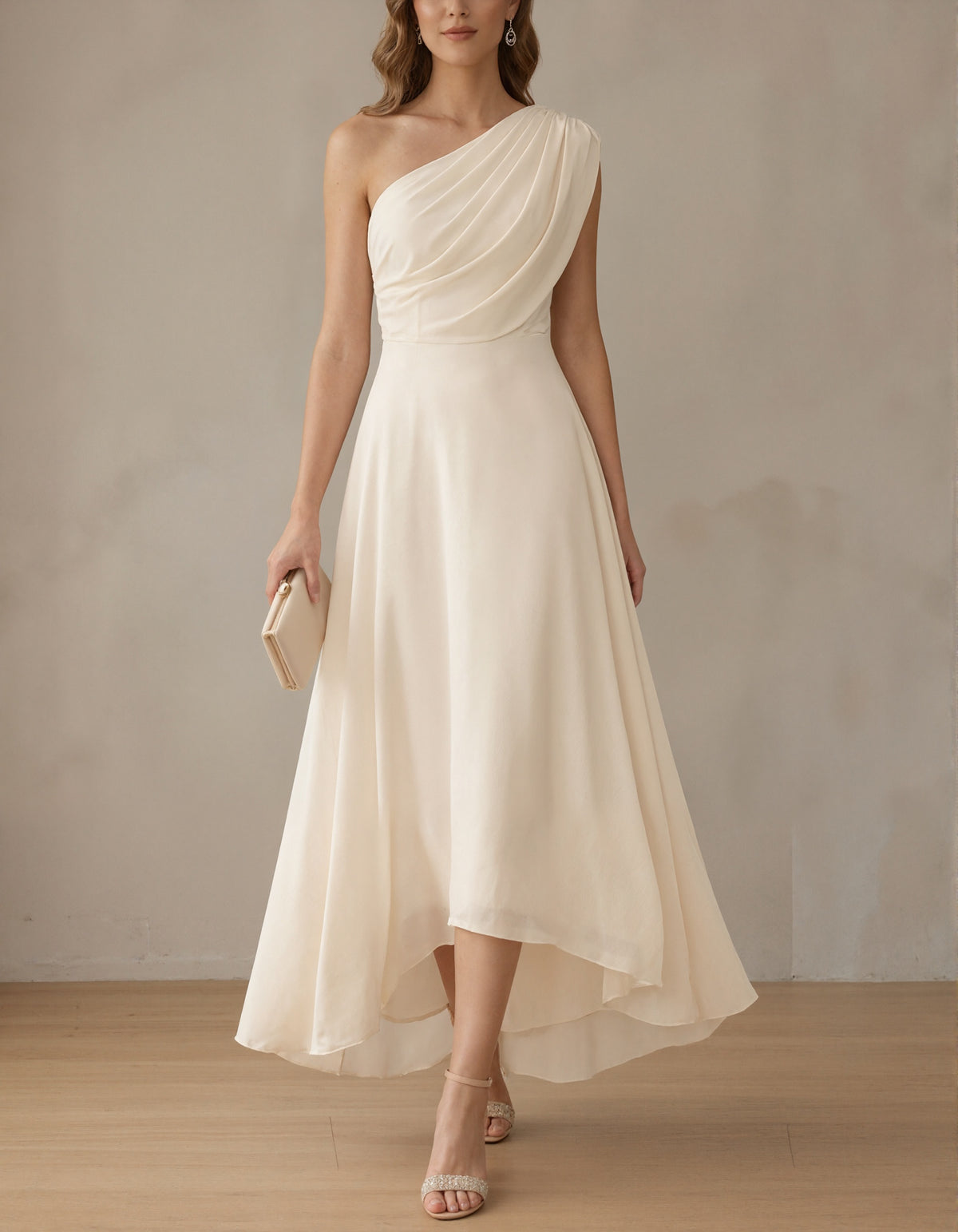 Cream Colored Chiffon Asymmetrical One Shoulder Maxi Dress