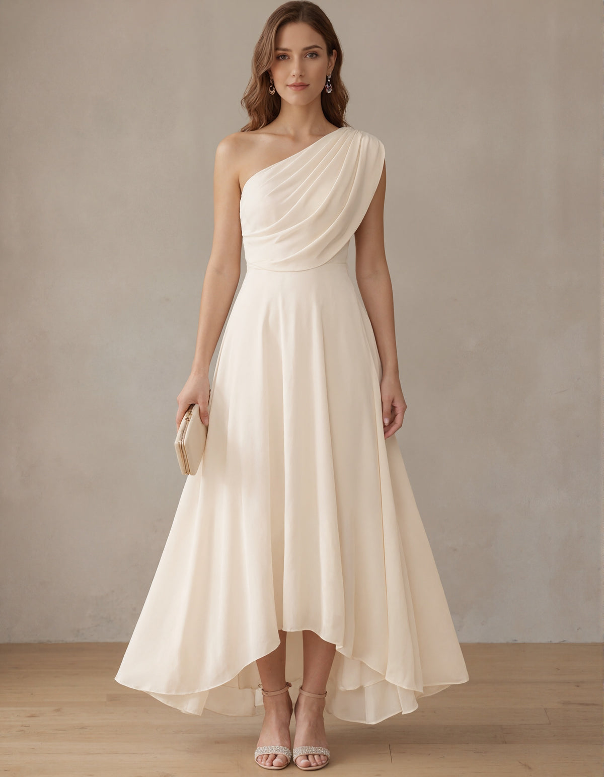 Cream Colored Chiffon Asymmetrical One Shoulder Maxi Dress
