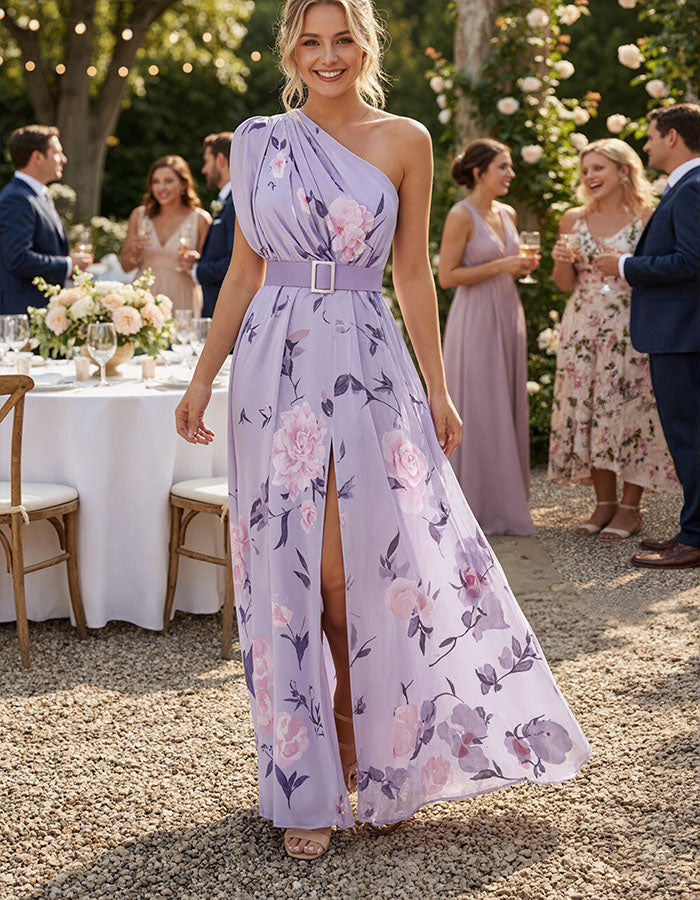 Lavender Chiffon One Shoulder Print Maxi Dress