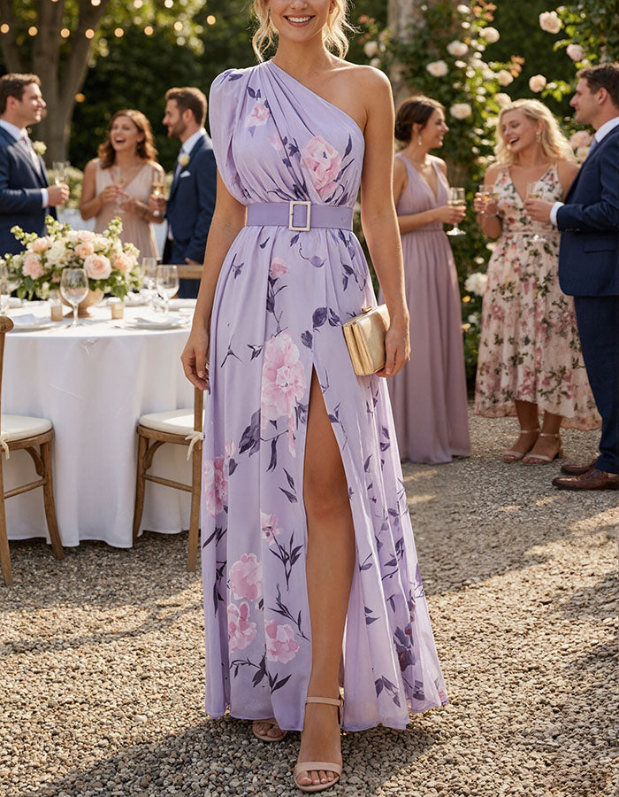 Lavender Chiffon One Shoulder Print Maxi Dress