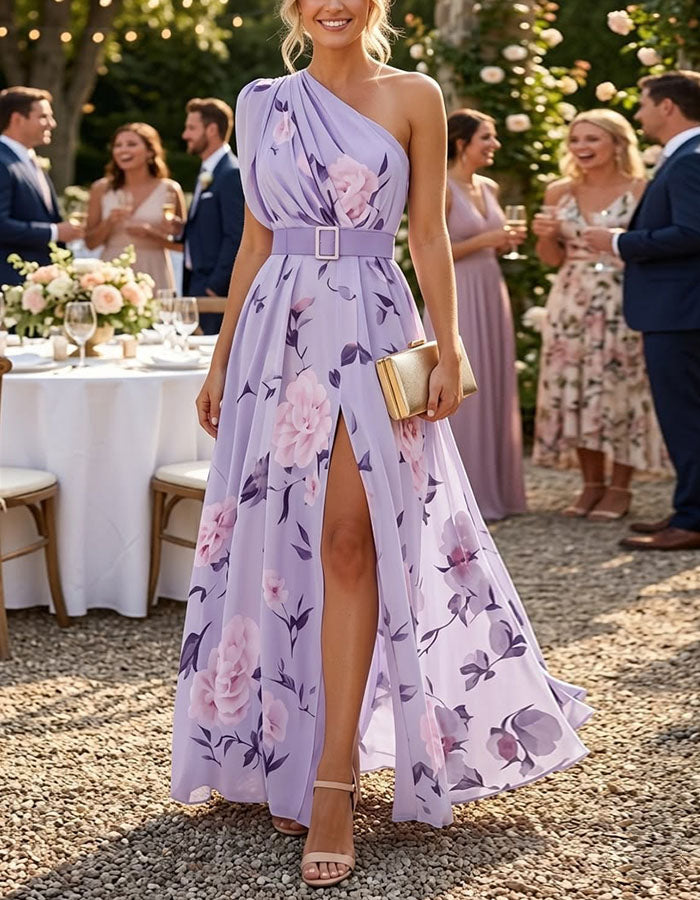 Lavender Chiffon One Shoulder Print Maxi Dress