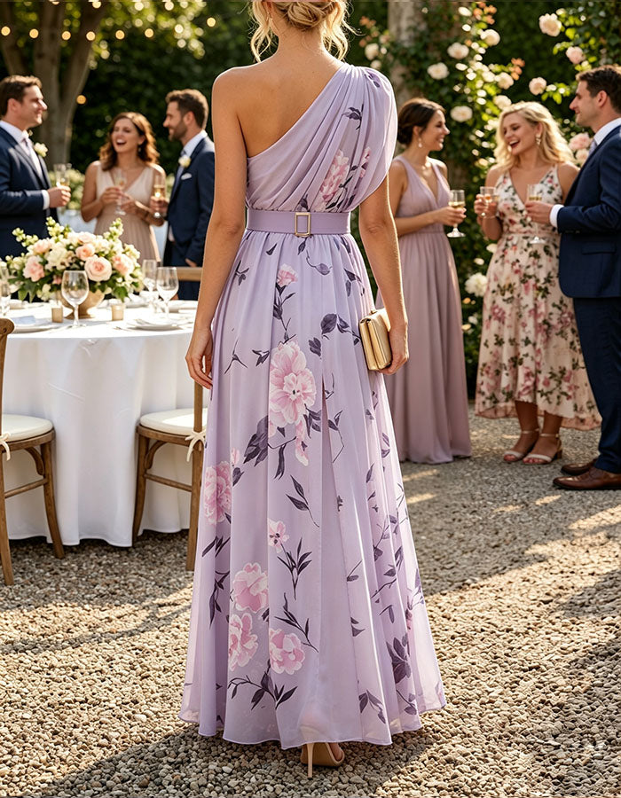 Lavender Chiffon One Shoulder Print Maxi Dress