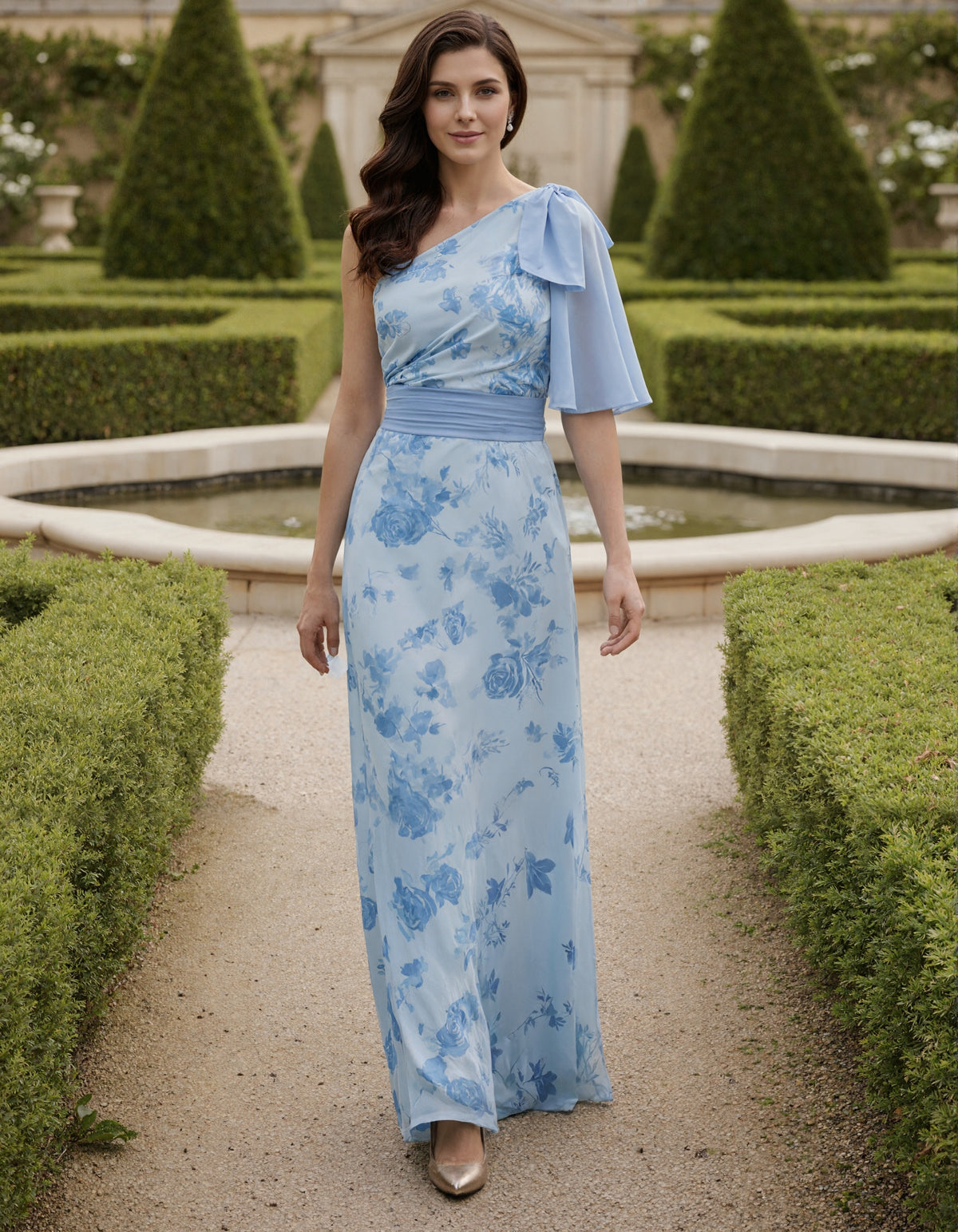 Sky Blue Watercolor Rose Floral Print Chiffon Maxi Dress