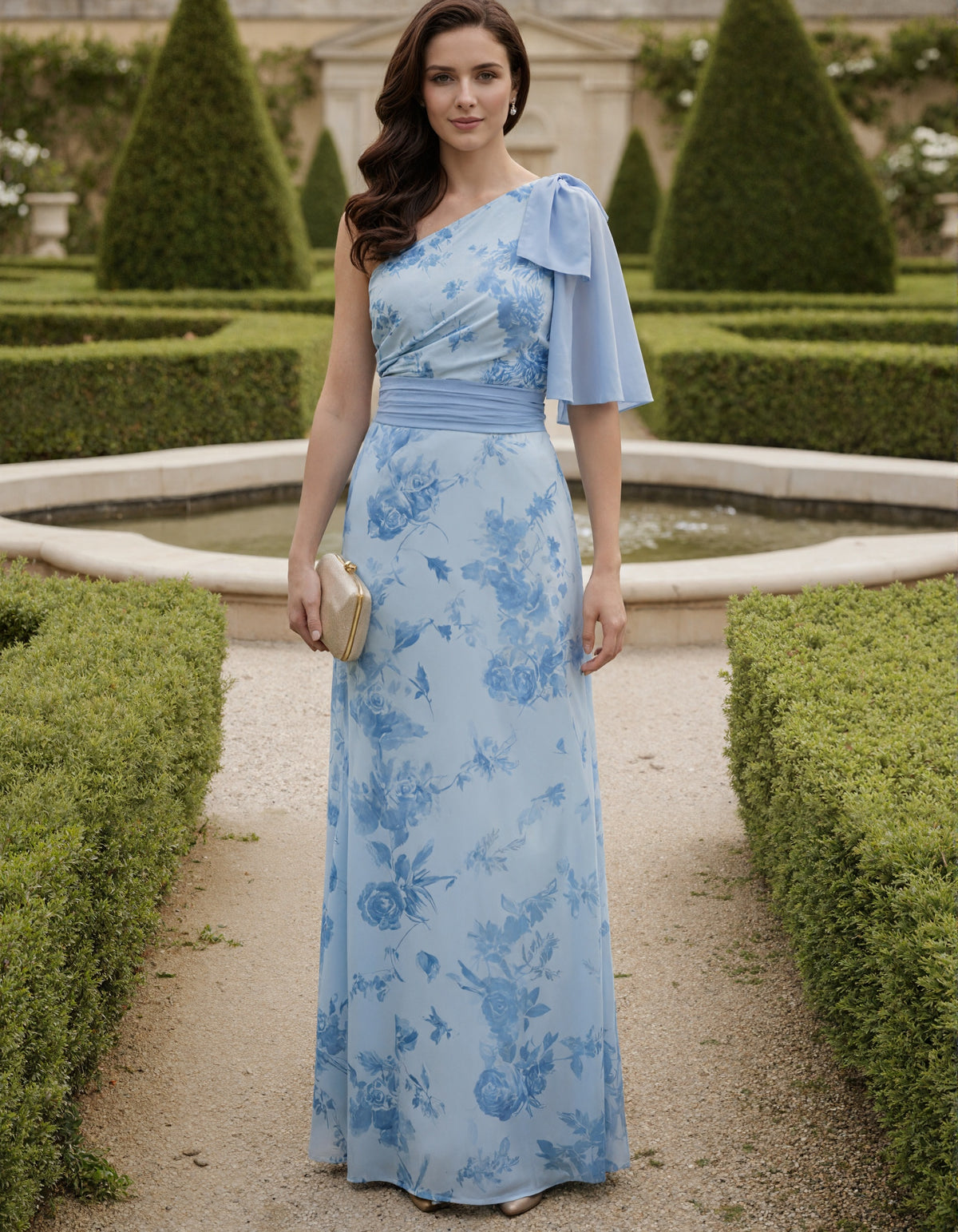 Sky Blue Watercolor Rose Floral Print Chiffon Maxi Dress