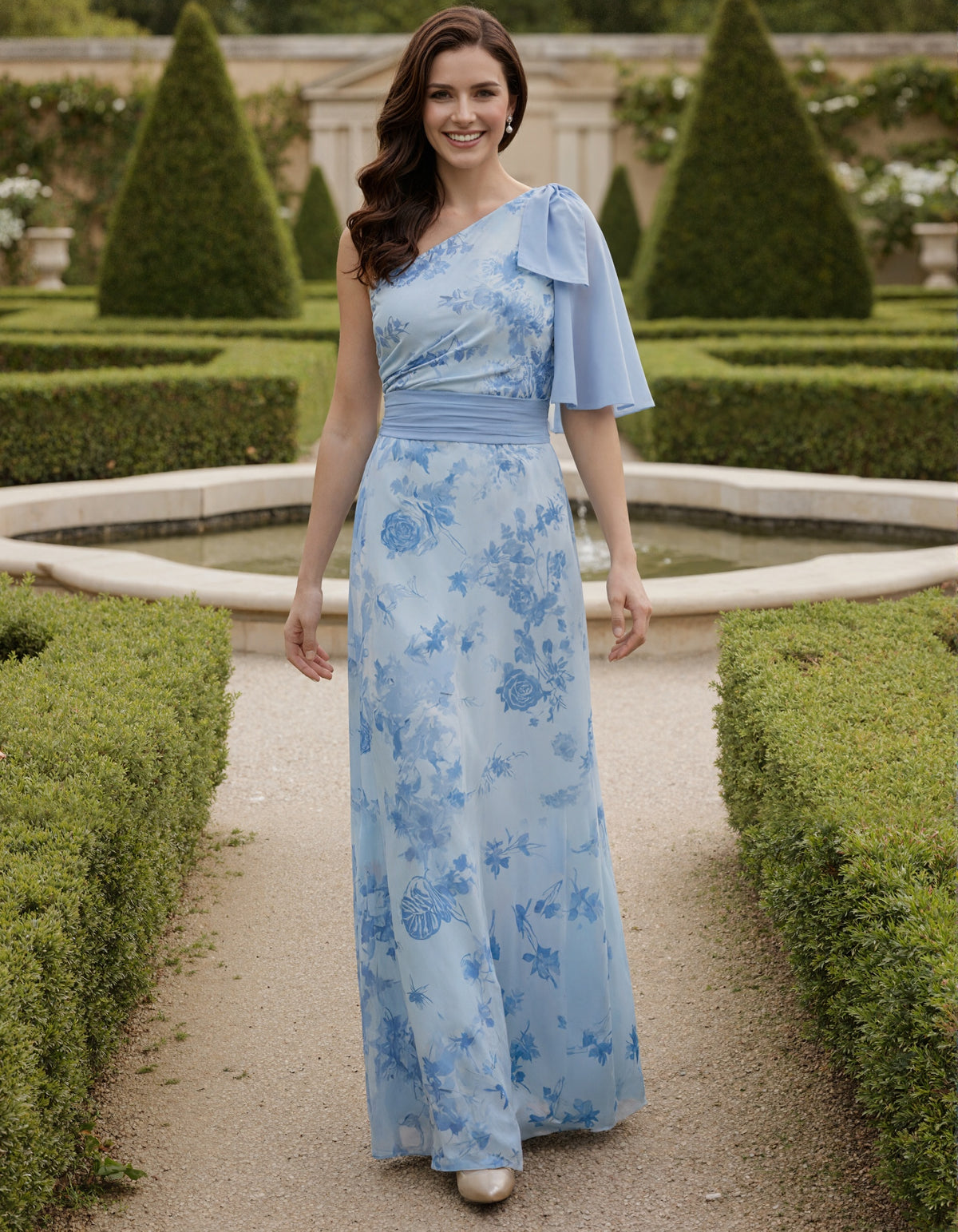 Sky Blue Watercolor Rose Floral Print Chiffon Maxi Dress