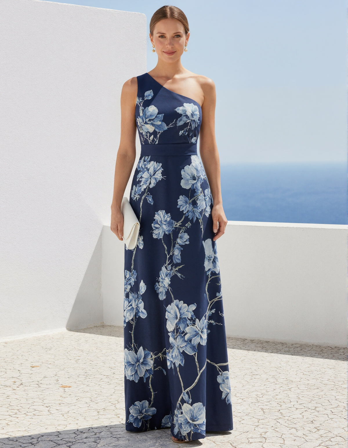 Dark Blue Background With Magnolia Print Single Shoulder Maxi Dress