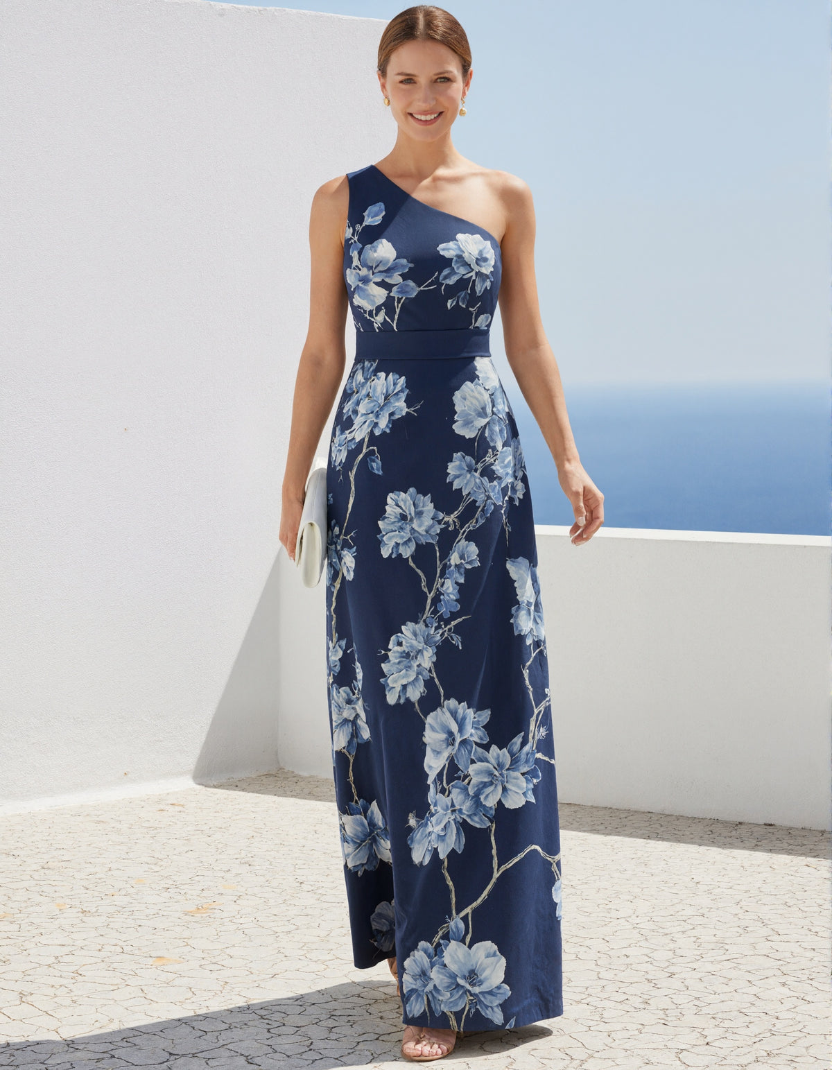 Dark Blue Background With Magnolia Print Single Shoulder Maxi Dress