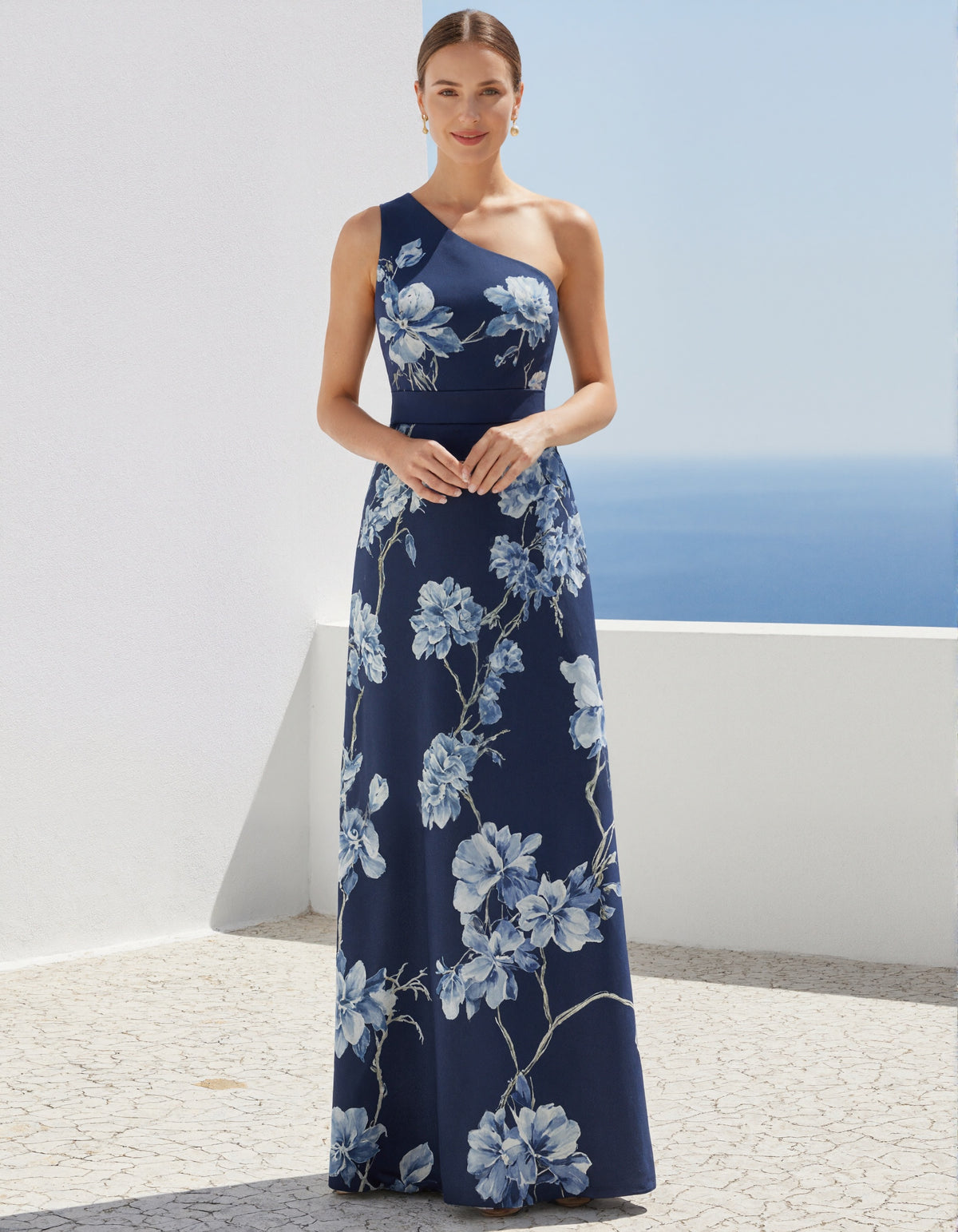 Dark Blue Background With Magnolia Print Single Shoulder Maxi Dress