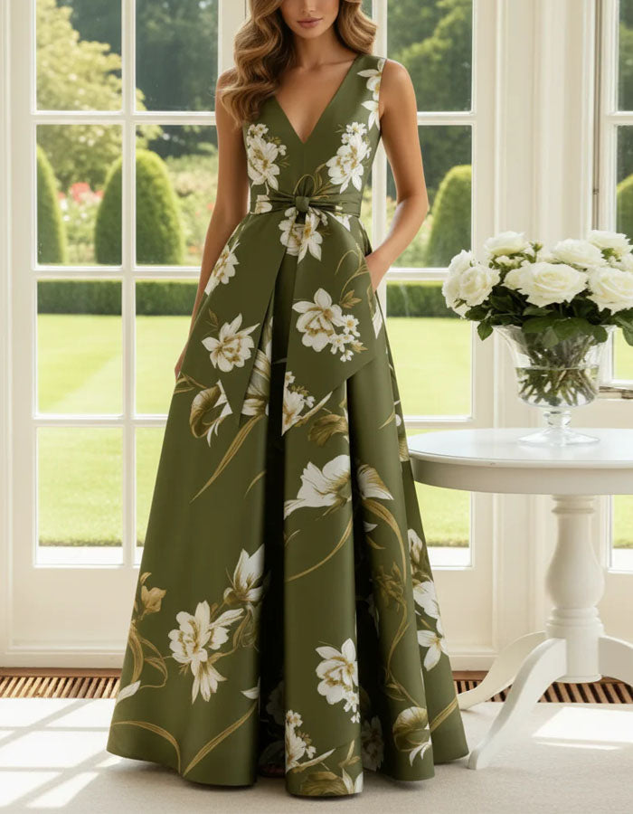 Olive Green Floral Print Satin V-Neck Maxi Dress – Alizua